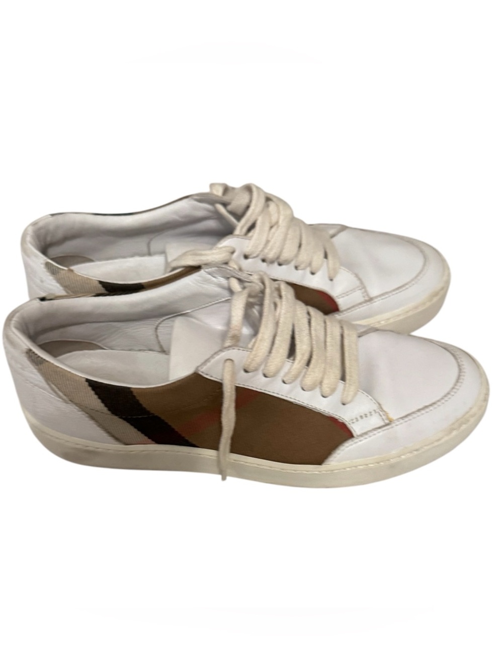Burberry White Leather Sneakers with Brown Plaid Accents